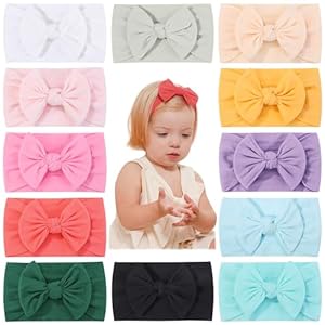 jollybows 12pcs Baby Nylon Headbands With Bow Elastic Hairband For Girls Newborn Infant Toddlers Kids Hair Accessories- Soft Light Color Set