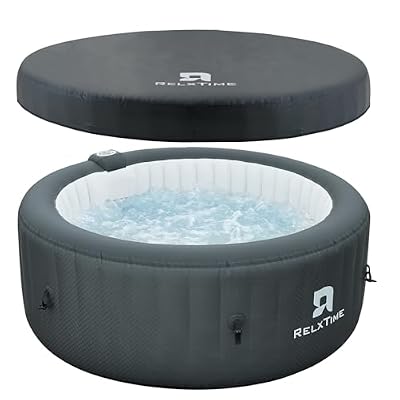 Inflatable Hot Tub 2-4 Person 110 Air Jets, Portable Blow Up Hottub with Cover, Built in Heater Pump, Round Outdoor Spa, Cup Holder, 2 Filters, Black
