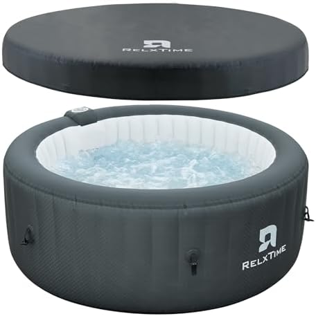 Inflatable Hot Tub 2-4 Person 110 Air Jets, Portable Blow Up Hottub with Cover, Built in Heater Pump, Round Outdoor Spa, Cup Holder, 2 Filters, Black