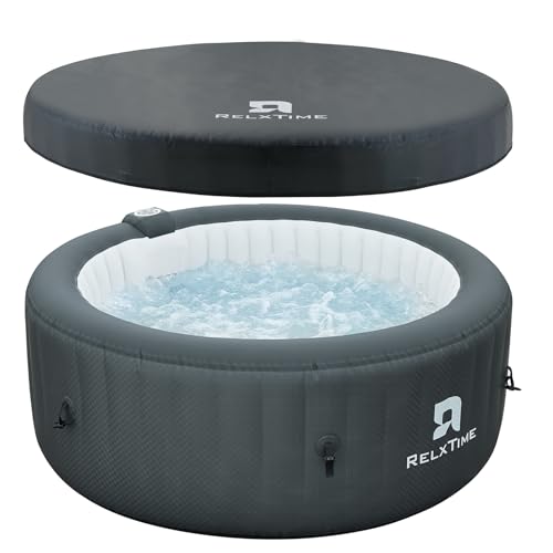 Inflatable Hot Tub 2-4 Person 110 Air Jets, Portable Blow Up Hottub with Cover, Built in Heater Pump, Round Outdoor Spa, Cup Holder, 2 Filters, Black