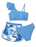 Doumlop Girls Swimsuit Shorts Set Size 7 8 Girls Bathing Suit Ruffle Girls Bikini 3 Piece Bathing Suit for Girls Swimwear High Waisted Shorts Set Marble Pattern Blue Kids Swimsuits