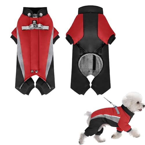 Hunde Wintermantel Winter-Schneeanzug mit Geschirr, Warmer Fleece-Hunde-Schneeanzug mit Integriertem Geschirr, wasserdicht, Winddicht, Welpenpuffer mit 4 Beinen, Rollkragen, kaltes Wetter