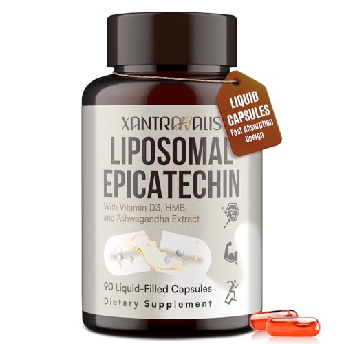 Liposomal Epicatechin Supplement 1200mg - Advanced Formula with Vitamin D3 HMB & Ashwagandha - for Nitric Oxide Production Strength & Heart - High Absorption 90 Liquid Capsules