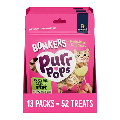 Bonkers Purrpops, Freeze Dried Catnip Flavor Lollipop Cat Treats, Healthy Single Ingredient Treats, Training Treats or Food Topper, for All Breeds and Ages, Value Pack (13 Pack, 52 Pieces)