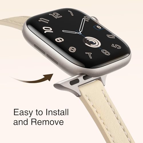 Image of STIROLL Slim Leather Bands Compatible with Apple Watch Band 49mm 46mm 45mm 44mm 42mm(Series 3 2 1), Top Grain Leather Watch Thin Wristband for iWatch Ultra SE Series 11 10 9 8 7 6 5 4(Beige Silver)