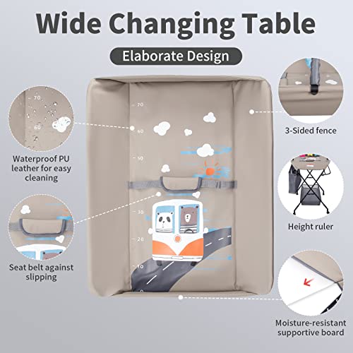 Portable Baby Changing Table - Waterproof Diaper Changing Table With Wheels, Adjustable Height Folding Diaper Station With Safety Belt, And Large Storage Racks For Newborn Baby And Infant - Bear, Grey #TOP4
