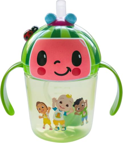 Image of The First Years Cocomelon Weighted Straw Cup - Spill Proof Toddler Straw Cups with Flip Top Cover - Transition Sippy Cups - Toddler Feeding Supplies - 7 Oz - Ages 6 Months and Up,(Pack of 12)