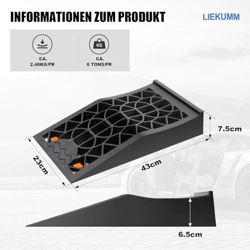 LIEKUMM Auffahrrampe 2er Set, 6T Tragkraft Auffahrrampe Pkw, 43 x 23 cm Kompakte & Tragbare Größe Auto Rampe für Tiefergelegte Fahrzeuge, Unterstellbock, Ölwechsel und Reparatur