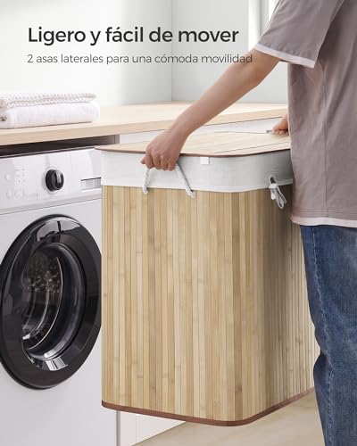 SONGMICS - Cesta de lavandería (150 L, 3 compartimentos de clasificación, tapa de bambú, asas, plegable, bolsa extraíble lavable a máquina, para lavandería, dormitorio, color madera LCB091N01 - imagen 11
