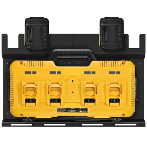 Riuog Wall Mount Bracket for DeWalt DCB104 Charger and Battery, Metal Black Rugged 4 Battery Holder and Charger Holder for Tool Room and Garage