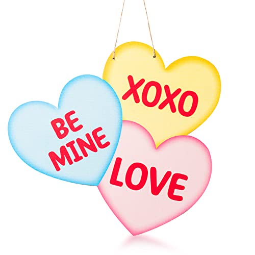 Haooryx Valentine’s Hanging Door Sign - Valentine’s Day Wooden Candy Heart Hanging Sign 11 X 9.8 Inches Heart-Shaped Wall Pediments with Rope Wood Decor Home Party Wedding Anniversary Exchange Gift