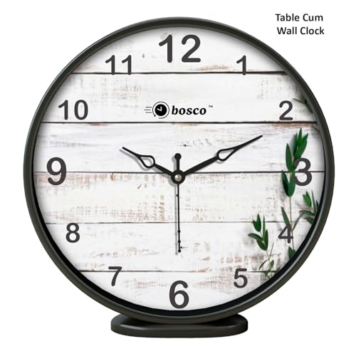 Image of Bosco Modern Non Ticking Silent,Rustic White Wooden Face with Black Frame, 20 CM Table Cum Round Wall Clock for Home, Living Room, Bed Room, Office and Kitchen- BWC-1204