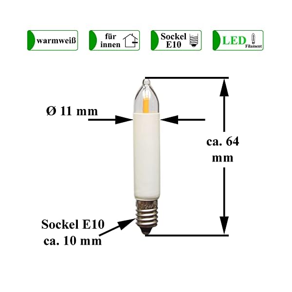 Erzgebirgslicht - AUSWAHL - 5 Stück LED Filament Kleinschaftkerze 14V 0,2W E10 für 16-17 Brennstellen Ersatzbirne… – Bild 4