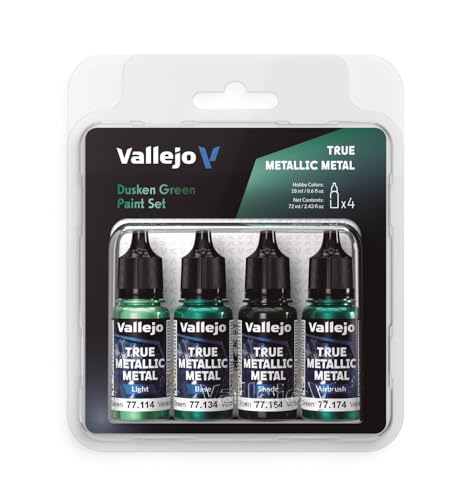 Vallejo Pintura True Metallic DUSKEN GREEN Set de 4 Colores para Pintar Metales, Incluye BASE, LIGHT, SHADE y AIRBRUSH, Sistema BSL, Resultados Consistentes y Adaptables