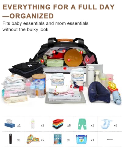 Image of FHELAD Diaper Bag Tote for Women, Baby Diaper Bag 16L (Black) | 5 Insulated Pockets, Stroller Clip, 15.6 Inch Laptop Compartment, Detachable Shoulder Strap