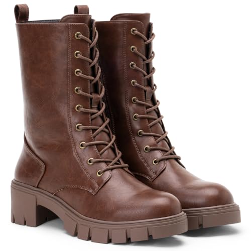 Image of Vepose Women's Mid Calf Combat Lace Up Chunky Platform Boots