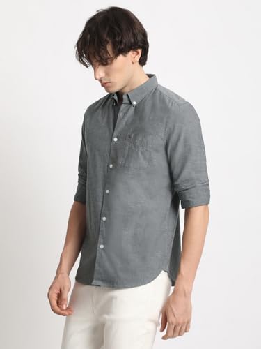 Image of THE BEAR HOUSE Men's Grey Solid Slim Fit Cotton Casual Shirt
