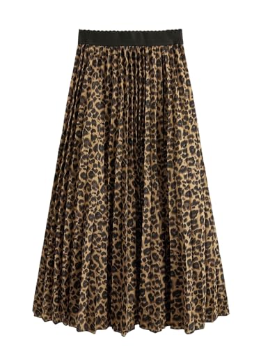GORGLITTER Röcke Damen Elegant Maxirock Leo Print Freizeitrock A Linie Plissee Faltenrock Partyrock mit Elastischer Bund Festival Outfit Leopardenparden M