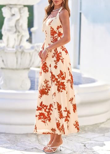 Image of KIRUNDO Women's Summer Long Halter Maxi Dress | Outer Tulle, Halter Top Tie Back, Sleeveless Floral Cocktail Beach Wedding Guest Dress, Mesh Flowy A Line Long Sundress