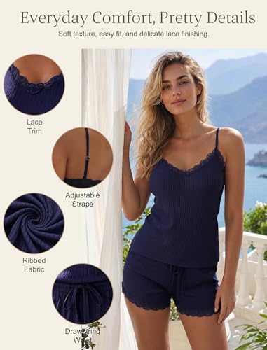 Image of Girece Cami Pajama Set for Women Ribbed Lace Trim 2 Piece Pajamas with Shorts Adjustable Strap Pjs Set Soft Lounge Sleepwear