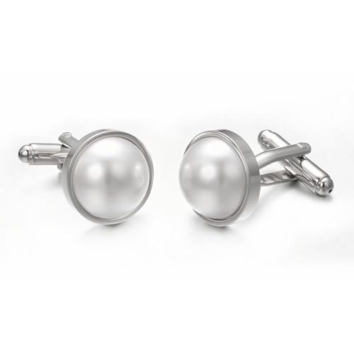 Mancuernillas de plata con perla para hombre miniatura 3