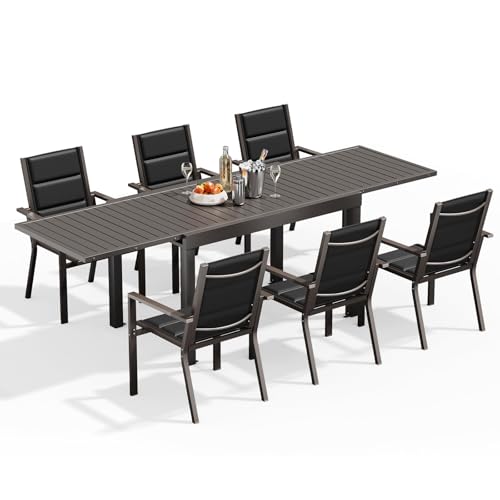 Devoko Gartenmöbel Set 6 Personen,6+1 Aluminium Tisch und Stühle Set Balkonmöbel, 6 Stapelbare Gartenstühle und 1 130/260 cm Dehnbarer Gartentisch,Terassen möbelsets außen Lounge, Braun