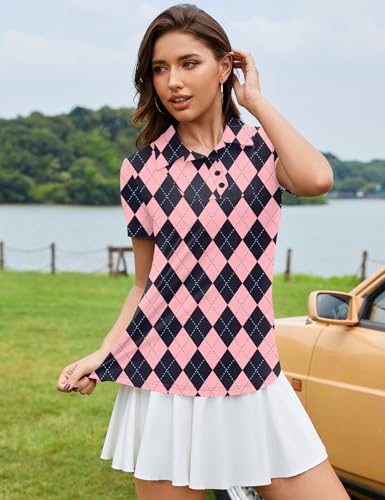Rapbin Polo Shirt for Women 2026 Spring Summer Collared Polos T Shirts Short Sleeve V Neck Cute Tops Clothes Diamond Check L by Rapbin - Used condition - Image 8