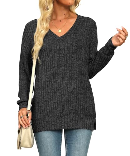 Image of Womens Sweaters V Neck Long Sleeve Shirts Loose Casual Fall Fashion Sweatshirts