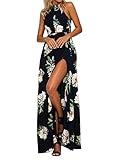 ZESICA Women/'s Halter Neck Floral Print Backless Split Beach Party Maxi Dress,Dark Blue,Medium