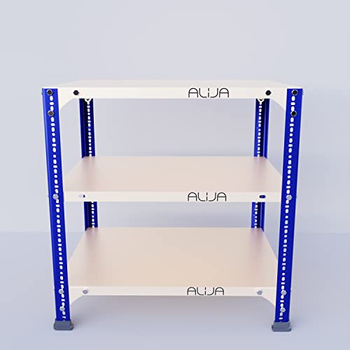 Image of ALIJA️ Slotted Angle Metal Rack (2 x 2 x 1.5 Ft. / 24 x 23 x 18 Inch) with 3 Shelves (Blue and Ivory, 20 Gauge Shelves, 14 Gauge Angle)