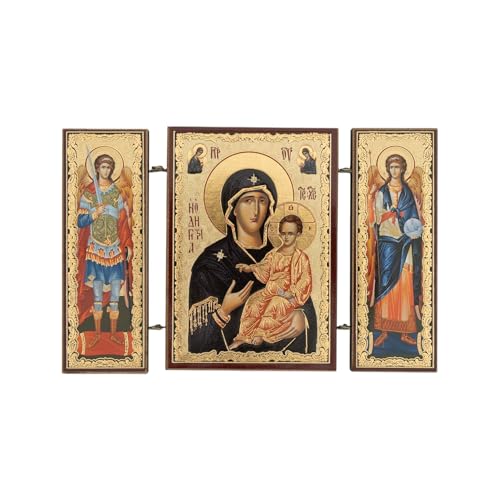 Orthodox Triptych Icon – Folding Wooden Byzantine Icon – Christian Religious Gift & Home Decor – Small Size 3.35" Tall (Theotokos Hodegetria)