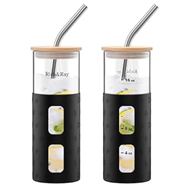 AMAZON - Rich&Ray Glass Tumbler with Straw and Lid, Reusable Iced Coffee Cup, Wide Mouth Water Bottle with Measurement, Wooden Lid with Silicone Protective Sleeve, BPA Free, 2PCS-20oz (Black)