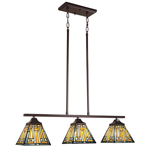 Image of Tiffany Pool Table Lights,Stained Glass 3-Lights Kitchen Island Lighting,Antique Style Hanging Pendant Lighting Fixtures for Dining Room Gameroom Bars
