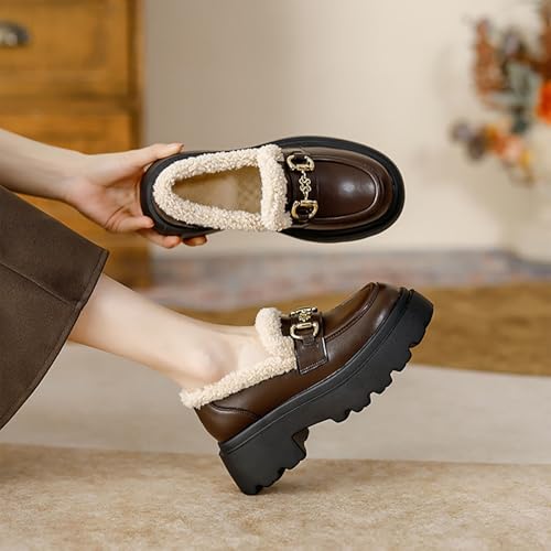 Women's Winter Fuzzy Chunky Platform, Fur-Lined Oxford Comfortable Thick Sole Elevator Shoes3
