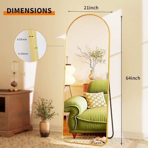 GLSLAND-21x64 inch Full Length Mirror-Aluminum Alloy Frame-Arch Mirror Full Length HD-Full Body Mirror-for Bedroom or Living Room, Gold