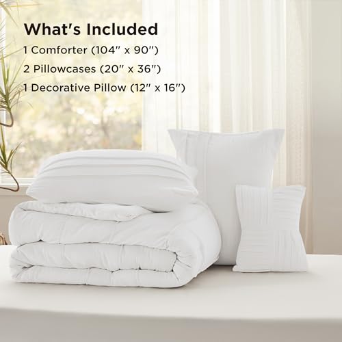 Image of Bedsure King Comforter Set - 4 Pieces Pinch Pleat Bed Set, White Boho Bedding for All Season, 1 Soft Comforter, 2 Pillowcases, 1 Decorative Pillow