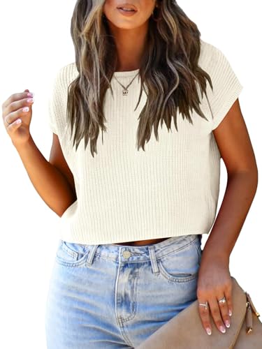 Image of LCXWFE Womens Summer Cropped Sweater Vest Trendy Cap Sleeve Crop Tops Crew Neck Loose Knit Tank Top