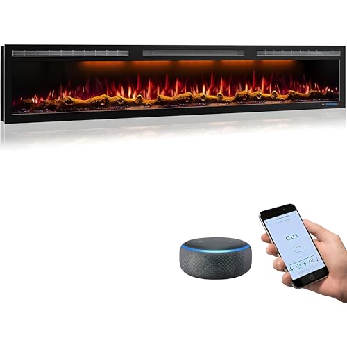 Image of 95 inch Electric Fireplace, Recessed /Wall, WiFi App, Alexa, 78 Colors
