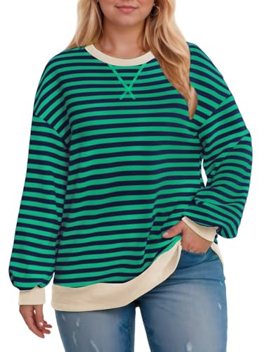 Image of ROSRISS Womens-Plus-Size-Oversized-Sweatshirts Striped Colorblock Long Sleeve Shirts Casual Crewneck Pullover Sweaters XL-5XL