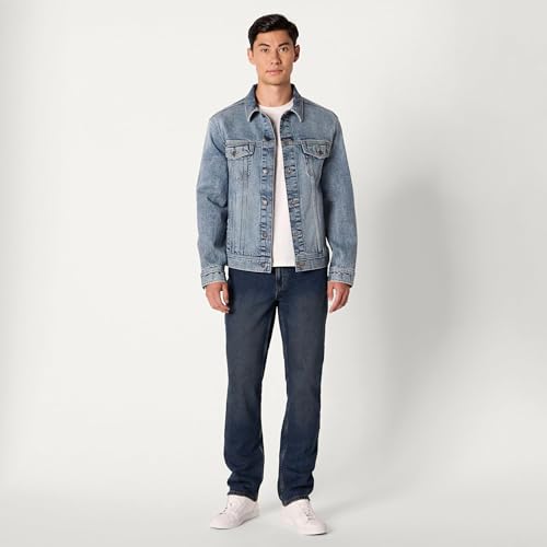Image of Amazon Essentials Men's Heavyweight Low Stretch Regular-Fit Denim Jacket with Chest Patch Pockets, Shank Buttons, Adjustable Side Tabs