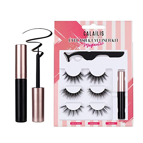 CALAILIS Magnetic Eyeliner and Eyelashes Kit, for Magnetic Lashes Set, Waterproof Liquid Eye Liner, 3D Faux Mink Eye Lashes False Eyelashes Reusable Lashes, Free Applicator, Easy to use