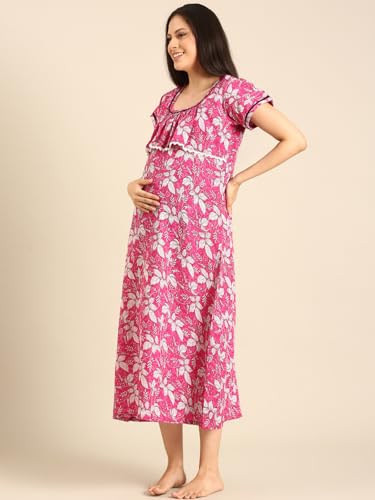 Image of Rupa Jon Aishwarya Women Full Length Maternity Night Dress in Cotton Blend Fabric, Maxi Nighty, Pregnancy Night Dress for Nursing, Pre and Post Pregnancy
