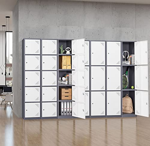 Miiiko Office Storage Lockers For Employees, 5 Tier Metal Locker With Lock And Keys, 71'' Slim Metal Storage Cabinet With 5 Doors For School, Gym, Dormitory, Chaning Room, Grey + White #TOP3