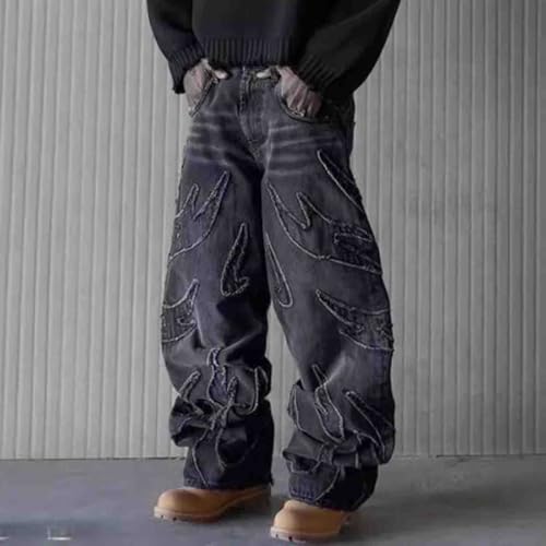 Y2K Jeans Men's Hip-hop Retro Flame Splicing Wide Leg Women's Gothic Straight Tube Loose Jeans3
