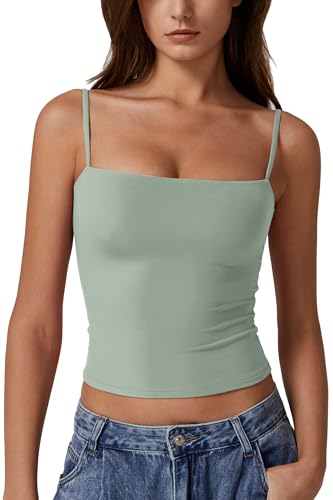 QINSEN Women's Spaghetti Strap Tank Tops Adjustable Cute Camisole Going Out Crop Tops Summer Clothes Green S