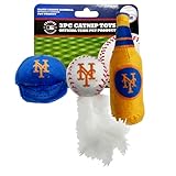 Best Plush CAT Toy - MLB New York Mets Complete Set of 3 Piece Cat Toys Filed with Fresh Catnip. Incld: 1 Baseball Cap Cat Toy, 1 Baseball Cat Toy with Feathers, & 1 Beer Bottle. Beautiful Team Logos