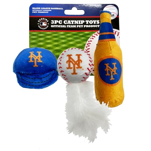 Best Plush CAT Toy - MLB New York Mets Complete Set of 3 Piece Cat Toys Filed with Fresh Catnip. Incld: 1 Baseball Cap Cat Toy, 1 Baseball Cat Toy with Feathers, & 1 Beer Bottle. Beautiful Team Logos
