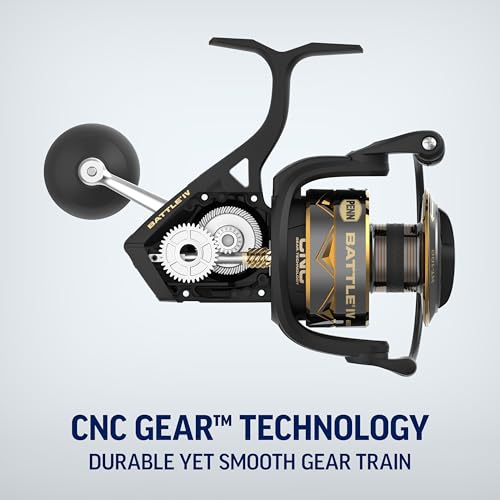 PENN Battle IV Spinning Reel, Saltwater Angler Fishing Sea Fish Lure & Bait, Bass, Pollack, Cod, Mackerel, Wrasse, Aluminum Robust Ambidextrous 6000 High Speed Reel Size 6.2:1 Black, Gold & Smoke