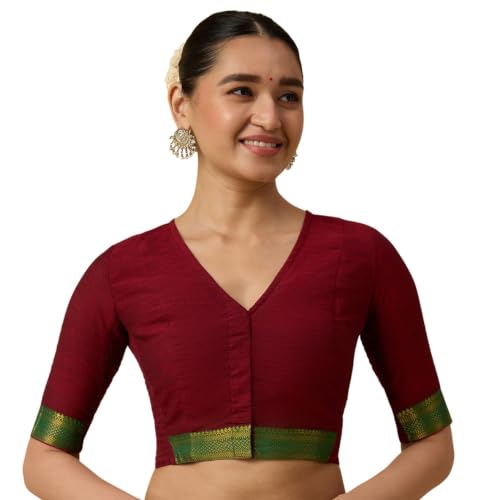 Image of Studio Shringaar Women's Handloom Cotton Stretchable (Smocked) Saree Blouse with Temple Zari Border