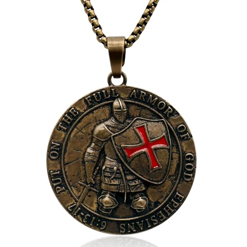 Knights Templar Red Cross Necklace for Men, Heavy Duty Alloy Armor of God Pendant, Ephesians 6:13-17 Scripture, Hidden Ring Design, 2.1 Inch Diameter, Medieval Badge Style